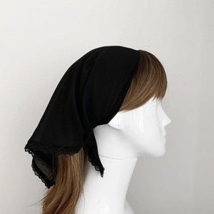 Black Chiffon Lace Trim Self Tie Triangle Head Scarf